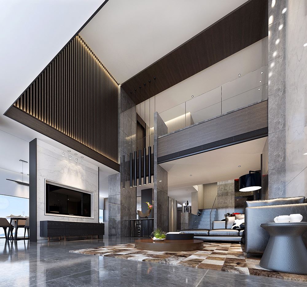 黑白灰现代简约风格室内装修效果图-珠海天湖郦都别墅420平米